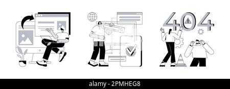 Web-Entwicklung abstraktes Konzept Vektor Illustration Set. Microsite Interface, browserübergreifende Kompatibilität, 404-Fehler, Programmierung, Unternehmensseite, Seite nicht gefunden, abstrakte Metapher für Website-Benutzer. Stock Vektor