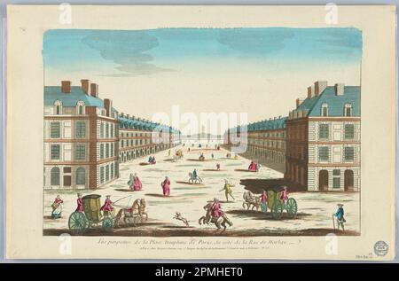 Printmedien, Peep-Show, Vue Perspective de la Place Dauphine de Paris, du Côté de la Rue de Harlay, Nr. 162; Frankreich; Gravur in Tinte und wäscht auf Wasserfarbe auf Papier, montiert auf Sammelalbum-Seite; 32 x 48,3 cm (12 5/8 Zoll X 19 Zoll) Stockfoto