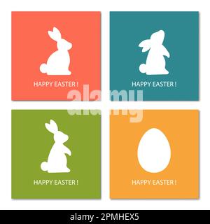 Frohe Ostern. Set Ostergrußkarte mit Silhouette aus Ei und Häschen. Weiße Kaninchen und Ei auf farbigem Hintergrund. Minimalistische Vektordarstellung. Stock Vektor