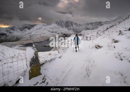 Walker auf der PYG-Strecke unterstützt von Cwm Dyli, Llyn Llydaw und Y Lliwedd im Winter, Snowdonia-Nationalpark, Eryri, Nordwales, Vereinigtes Königreich, Europa Stockfoto