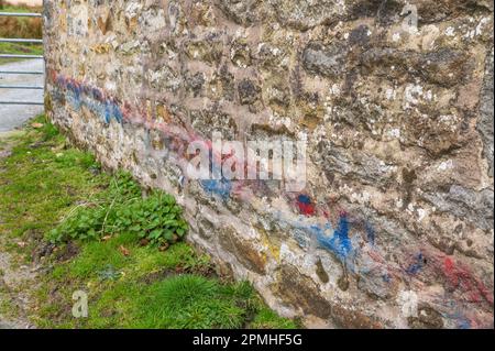 Farbige smit-Zeichen, die von Schafen entlang dieser Scheunenwand abgerieben wurden. Tarnbrook im Wald von Bowland Lancashire Stockfoto