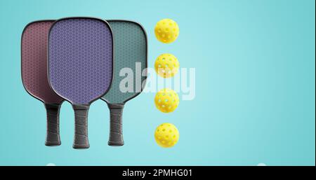 Pickleball Set mit drei Schlägern und Bällen auf einem isolierten Hintergrund. 3D-Rendering Stockfoto