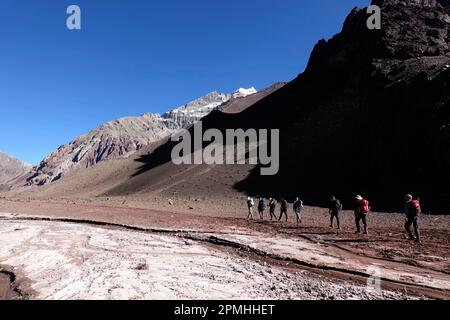 Kletterer nähern sich Aconcagua, 6961 Meter, dem höchsten Berg Amerikas und einer der sieben Gipfel, Anden, Argentinien, Südamerika Stockfoto