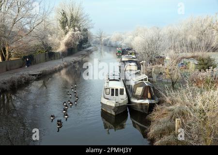 Schmalboote auf dem Kennet und Avon Canal am Northcroft Park an einem frostigen Wintermorgen, Newbury, Berkshire, England, Vereinigtes Königreich, Europa Stockfoto