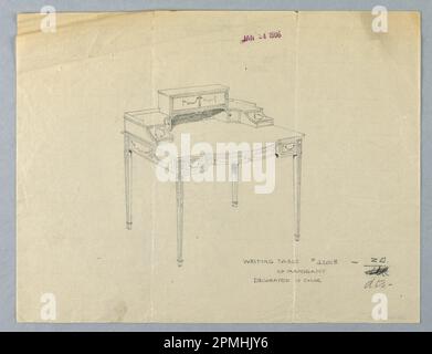 Zeichnung, Design for Writing Tisch #42018 von Mahagoni, in Farbe dekoriert; entworfen von A.N. Davenport Co.; Graphit auf dünnem cremefarbenem Papier; 21,6 x 27,9 cm (8 1/2 x 11 Zoll) Stockfoto