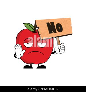 Apfelfrucht-Zeichentrickfilm mit einem Holzschild mit dem Wort "NEIN" Geeignet für Poster, Banner, Web, Icon, Maskottchen, Hintergrund Stock Vektor