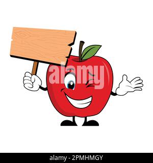 Apfelmaskottchen-Cartoon mit einem Schild aus blankem Holz. Geeignet für Poster, Banner, Web, Icon, Maskottchen, Hintergrund Stock Vektor