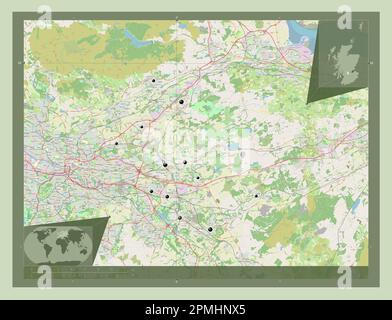 North Lanarkshire, Region Schottland – Großbritannien. Straßenkarte Öffnen. Standorte der wichtigsten Städte der Region. Eckkarten für zusätzliche Standorte Stockfoto