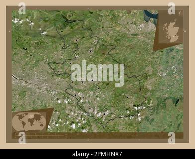 North Lanarkshire, Region Schottland – Großbritannien. Satellitenkarte mit niedriger Auflösung. Standorte der wichtigsten Städte der Region. Zusätzliche Lage in der Ecke Stockfoto