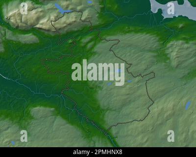 North Lanarkshire, Region Schottland – Großbritannien. Farbige Höhenkarte mit Seen und Flüssen Stockfoto