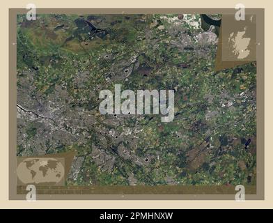 North Lanarkshire, Region Schottland – Großbritannien. Hochauflösende Satellitenkarte. Standorte der wichtigsten Städte der Region. Zusätzliche Eckpunkte Stockfoto