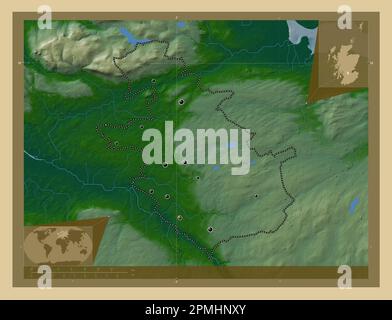 North Lanarkshire, Region Schottland – Großbritannien. Farbige Höhenkarte mit Seen und Flüssen. Standorte der wichtigsten Städte der Region. Ecke au Stockfoto