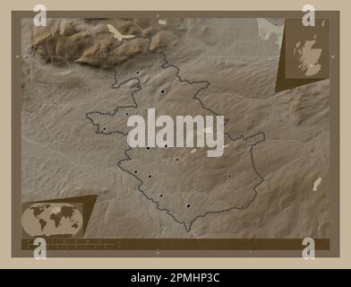 North Lanarkshire, Region Schottland – Großbritannien. Höhenplan in Sepia-Tönen mit Seen und Flüssen. Standorte der Großstädte der RE Stockfoto