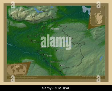 North Lanarkshire, Region Schottland – Großbritannien. Farbige Höhenkarte mit Seen und Flüssen. Standorte und Namen der wichtigsten Städte der Region. Stockfoto