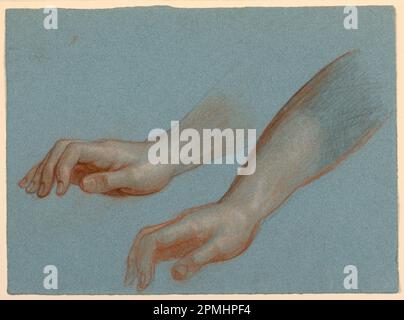 Zeichnung, Studie von Angels Hand für „Mercy's Dream“; Daniel Huntington (amerikanisch, 1816–1906); USA; brauner Buntstift, Weiße Kreide, Graphit auf blauem gewebtem Papier; 27,2 x 37 cm (10 11/16 x 14 9/16 Zoll); Bequest von Erskine Hewitt; 1942-50-107 Stockfoto