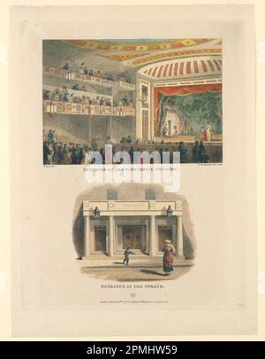 Print-, Innen- und Außenansicht des Sans Pareil Theater, The Strand, London; entworfen von George Jones (1786–1869); graviert von S. Springsguth Jr; England; Ätzen, handfarben Stockfoto