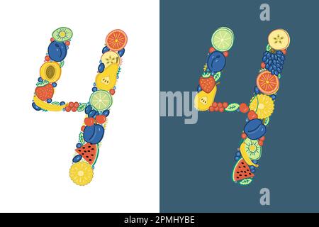 Die Zahl 4 besteht aus bunten Früchten und Beeren. Verschiedene Vieren, einer auf weißem und einer auf dunkelblauem Hintergrund. Handgezeichnet. Stock Vektor