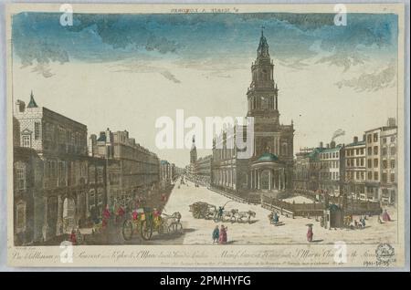 Print, Peep-Show, Vue de la Maison Royale de Somerset Avec l'Eglise de St. Marie Dans le Strand à Londres (Blick auf das Somserset-Haus mit St. Mary's Church in the Strand London); Druckerei: Nicolas Jean Baptiste de Poilly (Frankreich, 1712 – ca. 1758); Frankreich; Gravur mit Tinte und wässrigen wässrigen Farben auf Papier, montiert auf einer Sammelblattseite; 25,9 x 38,9 cm (10 3/16 x 15 5/16 Zoll); 1901-30-33 Stockfoto