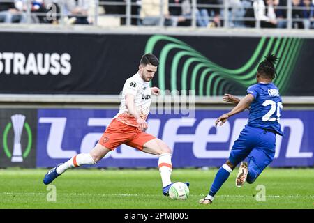 Gent, Belgien. 13. April 2023. Declan Rice von West Ham in Aktion während eines Fußballspiels zwischen dem belgischen KAA Gent und dem englischen West Ham United FC, einem ersten Spiel der Viertelfinale der UEFA Europa Conference League, am Donnerstag, den 13. April 2023 in Gent. BELGA FOTO TOM GOYVAERTS Kredit: Belga News Agency/Alamy Live News Stockfoto