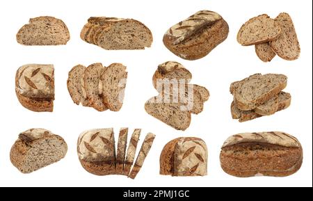 Backwaren zum Backen in Scheiben. Set aus dunklem Brot, Draufsicht, isoliert auf weißem Hintergrund Stockfoto