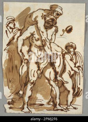 Zeichnung, die Aeneas-Gruppe aus dem Flächenbrand im Borgo; entworfen von Felice Giani (Italienisch, 1758-1823); nach Raphael (Italienisch, 1483-1520); Italien; Stift und braune Tinte, Pinsel und Sepia waschen über Graphitspuren auf weißem Papier; 27,5 x 20,2 cm (10 13/16 x 7 15/16 Zoll) Stockfoto