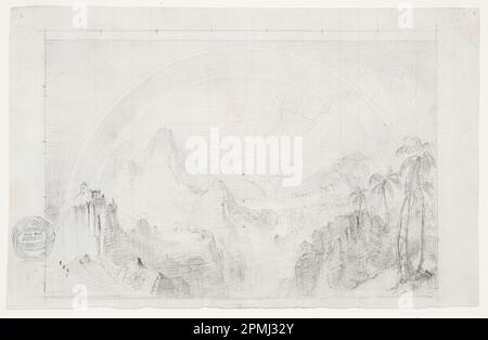 Zeichnung, Studie für „Regenzeit in den Tropen“; Frederic Edwin Church (amerikanisch, 1826–1900); USA; Graphit auf Papier, liniert mit parallelen Linien in blauer Tinte, Rahmenlinien in Graphit, auf weißem Papier; Blatt: 13,3 x 20,7 cm (5 1/4 x 8 1/8 Zoll) Matte (Matte): 35,6 x 45,7 cm (14 x 18 Zoll) Stockfoto