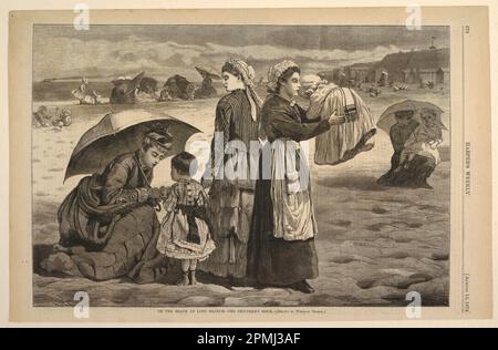 Print, on the Beach at Long Branch – The Children's Hour; graviert von J. L. Langridge; After Winslow Homer (amerikanisch, 1836–1910); Veröffentlicht von Harper's Weekly; USA; Holzgravierung in schwarzer Tinte auf Papier; Bild: 23 x 34,8 cm (9 1/16 x 13 11/16 Zoll) Stockfoto