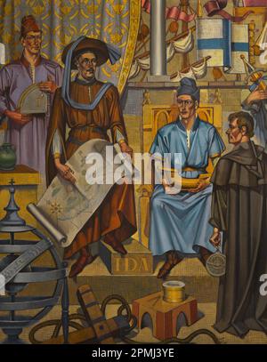 Die Geschichte Portugals. "Allegorie der Sagres-Schule". Der Mythos der „Schule der Weisen“ wurde Jahrzehnte nach dem Tod des Infanten Heinrich (1394-1460) entworfen. Obwohl sie nie wirklich existierte, sollte sie als eine Gruppe von Einzelpersonen verstanden werden, die sich ausschließlich zum Zweck der Meeresforschung versammelt haben. Er hat eine Schiffskarte in der Hand, Henry der Navigator. Gemälde des portugiesischen Künstlers Severo Portela Júnior (1898-1985), 1970. Detail. Schifffahrtsmuseum. Lissabon, Portugal. Autor: Severo Portela Junior (1898-1985). Portugiesischer Maler. Stockfoto