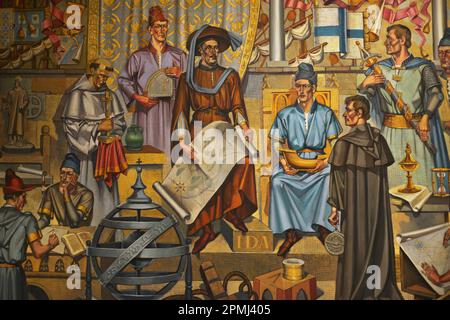 Die Geschichte Portugals. "Allegorie der Sagres-Schule". Der Mythos der „Schule der Weisen“ wurde Jahrzehnte nach dem Tod des Infanten Heinrich (1394-1460) entworfen. Obwohl sie nie wirklich existierte, sollte sie als eine Gruppe von Einzelpersonen verstanden werden, die sich ausschließlich zum Zweck der Meeresforschung versammelt haben. Er hat eine Schiffskarte in der Hand, Henry der Navigator. Gemälde des portugiesischen Künstlers Severo Portela Júnior (1898-1985), 1970. Detail. Schifffahrtsmuseum. Lissabon, Portugal. Autor: Severo Portela Junior (1898-1985). Portugiesischer Maler. Stockfoto