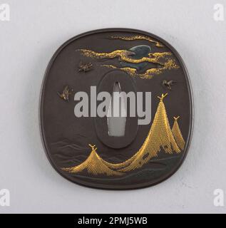 Tsuba; hergestellt von Tenkodo Hidekuni (Japanisch, Kawabayashi, 1825 - 1891); Eisen-, Gold- und Silberinlay Stockfoto