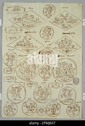 Zeichnung, Projekt zur Dekoration von Decken; entworfen von Felice Giani (Italienisch, 1758–1823); Italien; Stift und braune Tinte, Pinsel und braunes Waschen, Spuren von Graphit auf hellgrünem Lagepapier; 30,5 x 21 cm (12 x 8 1/4 Zoll) Stockfoto