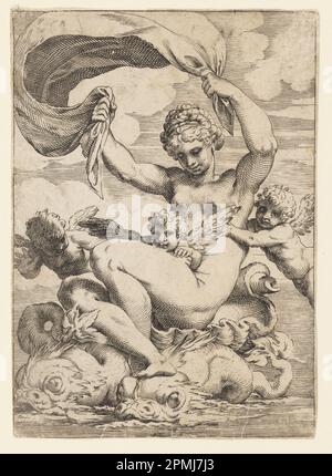 Print, Venus (oder Galatea) und Cupids Supported by Dolphins; entworfen von Agostino Carracci (Italienisch, 1557–1602); Italien; Gravur auf liegendem Papier; 15 x 10,6 cm (5 7/8 x 4 3/16 Zoll); 1896-31-7 Stockfoto