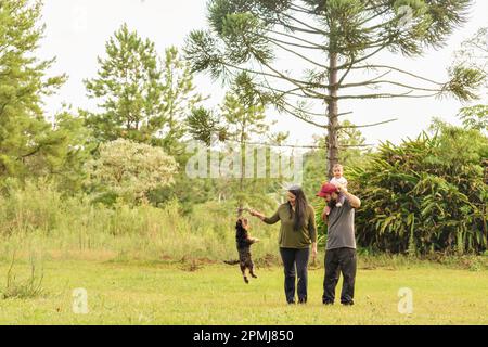 Glückliche Familie, Vater, Mutter, kleines Mädchen und Hündchen spielen im Park. Genießen Sie Spaziergänge in der Natur. Das Konzept eines gesunden Lebensstils. Stockfoto