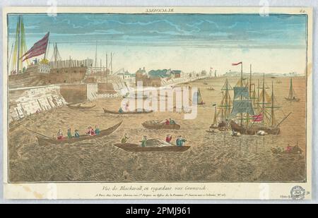 Print, Peep-Show, Vue de Blackwall, en Regardant Vers Greenwich, 62; Frankreich; Gravur in Tinte mit wäschigen Aquarellen auf Papier, auf Sammelalbum-Seite montiert; 24,7 x 39,5 cm (9 3/4 x 15 9/16 Zoll); 1901-30-35 Stockfoto