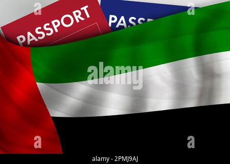 Hintergrund der Flagge der Vereinigten Arabischen Emirate und Reisepass der Vereinigten Arabischen Emirate. Staatsbürgerschaft, legale Einwanderung, Visum, Geschäfts- und Reisekonzept. Stockfoto