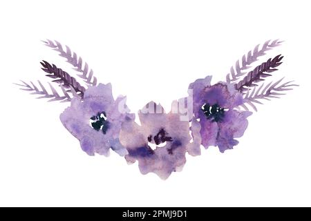 Aquarell violette Blumen zum Höhepunkt. Clip Art mit Blumendesign. Handgefertigte Illustration für Grußkarten, Tapete, Schreibwaren, Stoff, Hochzeitskarte. Stockfoto