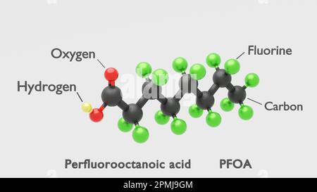 Perfluoroctansäure PFOA - C8HF15O2 - 3D Conformer, weißer Hintergrund Stockfoto