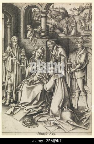 Print, Adoration of Magi, Plate 7 aus der Serie „Life of the Virgin“; Israhel van Meckenem (Deutsch, ca. 1440 - 1503); nach Hans Holbein dem Jüngeren (1497/98 - 1543); Deutschland; Gravur auf weißem Papier; 26,7 x 18,1 cm (10 1/2 x 7 1/8 Zoll); 1958-122-6 Stockfoto