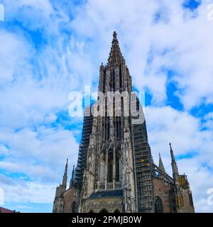 Der westliche Kirchturm des weltberühmten Münsters Ulm, ein gotisches Dom-Gebäude, Ulm, Baden-Württemberg, Deutschland. Stockfoto