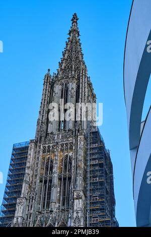 Der westliche Kirchturm des weltberühmten Münsters Ulm, ein gotisches Dom-Gebäude, Ulm, Baden-Württemberg, Deutschland. Stockfoto