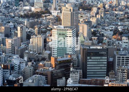 Tokio, Japan. 9. Februar 2023. Die Skyline der Stadt bei Sonnenuntergang von Ebisu aus gesehen. Die Bevölkerung von Tokio beträgt etwa 13,9 Millionen Menschen, während die Metropolregion etwa 40 Millionen Menschen umfasst, was sie zur bevölkerungsreichsten Stadt der Welt macht. Die Bevölkerung Tokios wird in den kommenden Jahren voraussichtlich weiter wachsen, da immer mehr Menschen in die Stadt ziehen, um Arbeitsplätze und Chancen zu finden, obwohl die Geburtenrate in Japan sinkt. Die japanische Regierung fürchtet Wohnungsknappheit und Überbevölkerung in der Stadt, während die ländlichen Gebiete mit rückläufiger demografischer Entwicklung konfrontiert sind, bietet Anreize in Höhe von einer Million Yen an Stockfoto