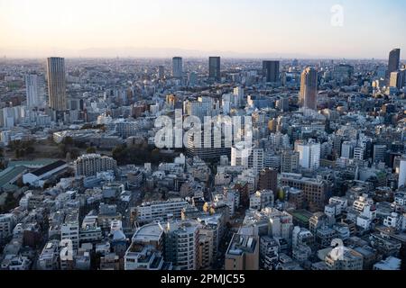 Tokio, Japan. 9. Februar 2023. Die Skyline der Stadt bei Sonnenuntergang von Ebisu aus gesehen. Die Bevölkerung von Tokio beträgt etwa 13,9 Millionen Menschen, während die Metropolregion etwa 40 Millionen Menschen umfasst, was sie zur bevölkerungsreichsten Stadt der Welt macht. Die Bevölkerung Tokios wird in den kommenden Jahren voraussichtlich weiter wachsen, da immer mehr Menschen in die Stadt ziehen, um Arbeitsplätze und Chancen zu finden, obwohl die Geburtenrate in Japan sinkt. Die japanische Regierung fürchtet Wohnungsknappheit und Überbevölkerung in der Stadt, während die ländlichen Gebiete mit rückläufiger demografischer Entwicklung konfrontiert sind, bietet Anreize in Höhe von einer Million Yen an Stockfoto