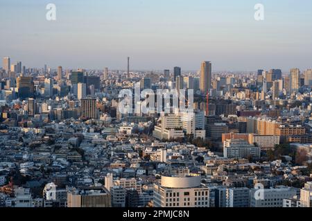 Tokio, Japan. 9. Februar 2023. Die Skyline der Stadt bei Sonnenuntergang von Ebisu aus gesehen. Die Bevölkerung von Tokio beträgt etwa 13,9 Millionen Menschen, während die Metropolregion etwa 40 Millionen Menschen umfasst, was sie zur bevölkerungsreichsten Stadt der Welt macht. Die Bevölkerung Tokios wird in den kommenden Jahren voraussichtlich weiter wachsen, da immer mehr Menschen in die Stadt ziehen, um Arbeitsplätze und Chancen zu finden, obwohl die Geburtenrate in Japan sinkt. Die japanische Regierung fürchtet Wohnungsknappheit und Überbevölkerung in der Stadt, während die ländlichen Gebiete mit rückläufiger demografischer Entwicklung konfrontiert sind, bietet Anreize in Höhe von einer Million Yen an Stockfoto