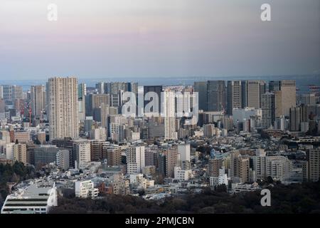 Tokio, Japan. 9. Februar 2023. Die Skyline der Stadt bei Sonnenuntergang von Ebisu aus gesehen. Die Bevölkerung von Tokio beträgt etwa 13,9 Millionen Menschen, während die Metropolregion etwa 40 Millionen Menschen umfasst, was sie zur bevölkerungsreichsten Stadt der Welt macht. Die Bevölkerung Tokios wird in den kommenden Jahren voraussichtlich weiter wachsen, da immer mehr Menschen in die Stadt ziehen, um Arbeitsplätze und Chancen zu finden, obwohl die Geburtenrate in Japan sinkt. Die japanische Regierung fürchtet Wohnungsknappheit und Überbevölkerung in der Stadt, während die ländlichen Gebiete mit rückläufiger demografischer Entwicklung konfrontiert sind, bietet Anreize in Höhe von einer Million Yen an Stockfoto