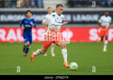 Gent, Belgien. 13. April 2023. Jarrod Bowen von West Ham United während des UEFA Conference League Quarter Final First Leg Match zwischen K.A.A. Gent und West Ham United in der Ghelamco Arena am 13. 2023. April in Gent, Belgien. (Foto: Daniel Chesterton/phcimages.com) Kredit: PHC Images/Alamy Live News Stockfoto