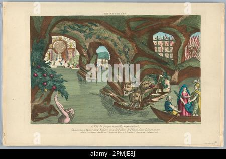 Print, Peep-Show, Vüe des Enfers, 7, Vue d'Optique Nouvelle, Repräsentant, La Descente d'AEnée aux Enfers, Avec le Palais de Pluton Dans L'éloignement, Frankreich; Gravur in Tinte und wäschefarbene Farben auf Papier, auf Sammelbüchern angebracht; 27,8 x 39,7 cm (10 15/16 x 15 5/8 Zoll) Stockfoto