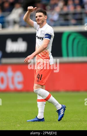 Gent, Belgien. 13. April 2023. Declan Rice von West Ham United während des UEFA Conference League-Viertelfinales der ersten Etappe zwischen K.A.A. Gent und West Ham United in der Ghelamco Arena am 13. 2023. April in Gent, Belgien. (Foto: Daniel Chesterton/phcimages.com) Kredit: PHC Images/Alamy Live News Stockfoto