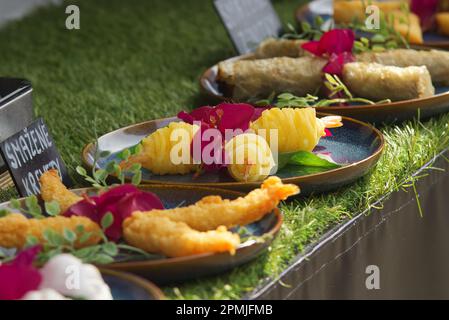 Frittierte Garnelen, Frühlingsrollen und anderes frittiertes Zeug, Nahaufnahme von asiatischem Essen am Stand des Farmers Street Food Markts. Stockfoto