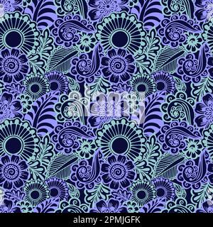 Lilienfarbenes und blaues nahtloses Muster auf blauem Hintergrund, sich wiederholendes Blumenmuster, orientalische Motive, Mahendi Stockfoto