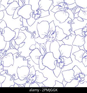 Nahtloses Muster großer blauer Orchideensilhouetten auf weißem Hintergrund, Struktur, Design Stockfoto